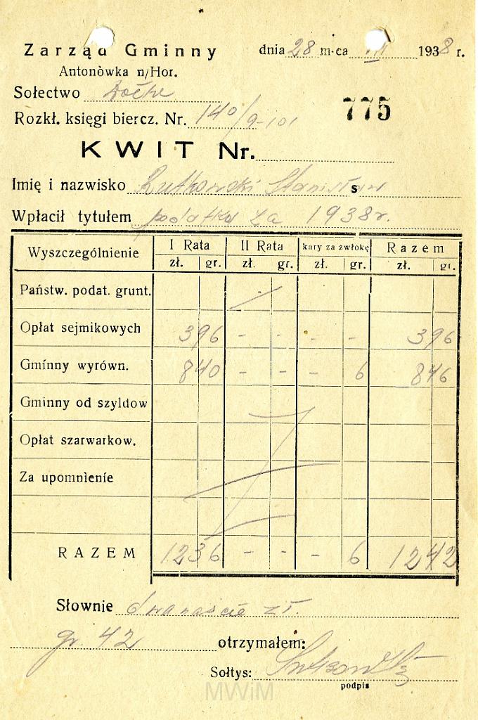 KKE 3538.jpg - Dokument. Stanisław Rutkowski podatek, Dołhe, 1938 r.